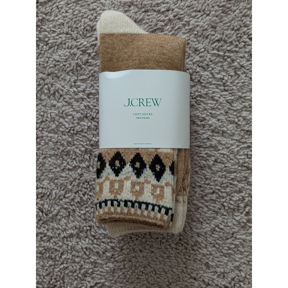 J Crew Wool Blend Cozy Socks Snowflake Beige 2 Pairs Style CE355 One Size NWT